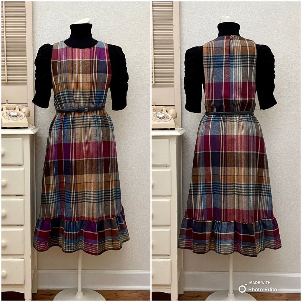 Vintage Plaid Wool Blend Pinafore Style Midi Dress, 1970s, Fall Colors, Size 11